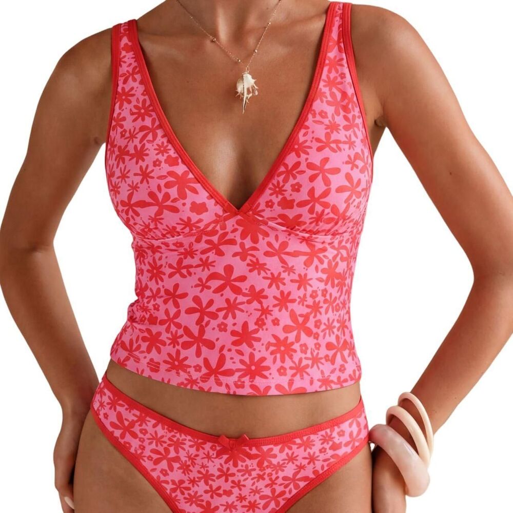 Y2K Red Floral Tankini Set V Neck Tummy Control Two-Piece Swimsuit